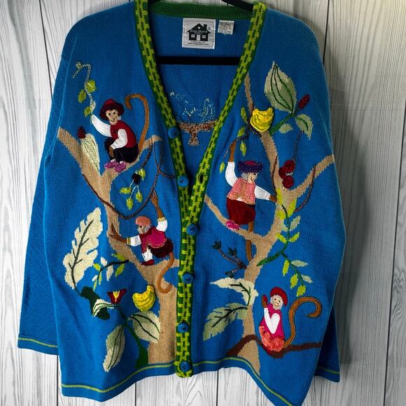 RARE Vintage Storybook Knits Monkeys Bananas Tropical Island Size Large - Picture 1 of 8